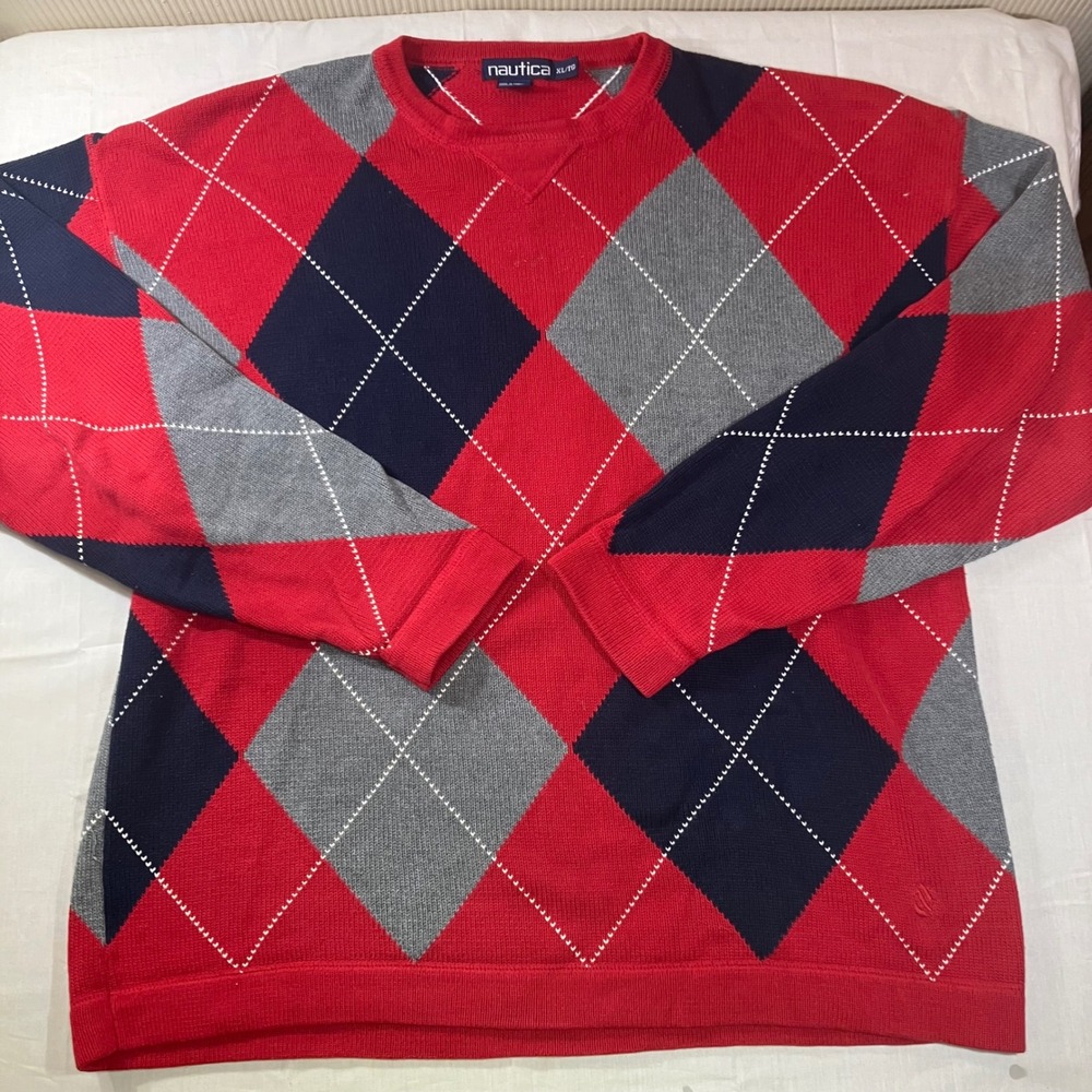Nautica Mens XL Argyle Crewneck Sweater Red Navy Blue Grey Cotton Vintage 90s